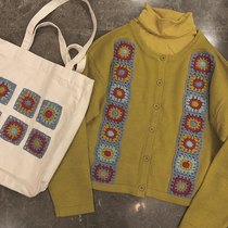 *Stock Handmade Square Flower Patch Lace Strips Knit Cardigan W