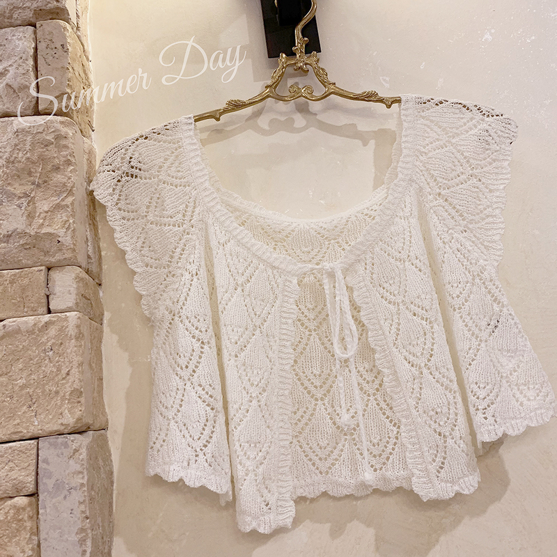 Tt Yarn, Feather Hollow Design, Pure Handmade Crochet Rope, Vintage, Summer, Short Style, Knitted Cardigan K