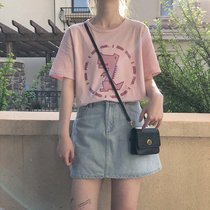 Original printed dinosaur needs food letter cute pink short sleeve T-shirt U
