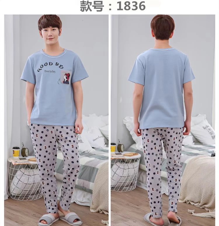 Của nam giới đồ ngủ cotton ngắn tay quần mùa hè cotton nam casual kích thước lớn đồ ngủ mùa hè dịch vụ nhà phù hợp với phim hoạt hình áo ngủ nam