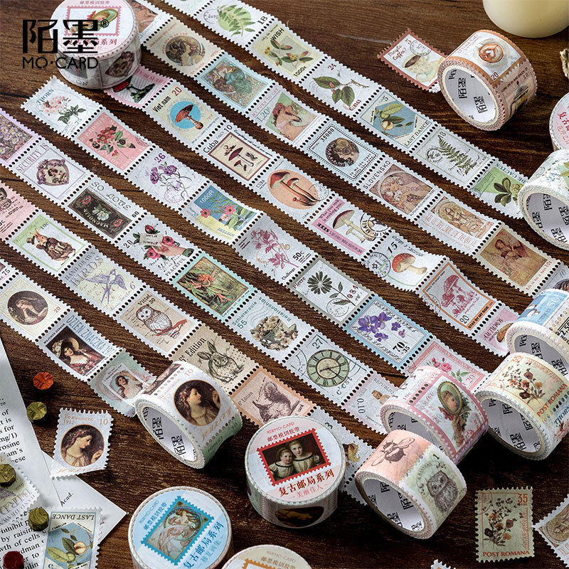 Momo stamp-style die-cut paper tape retro post office European and American classical portrait plant Mucha hand account decoration