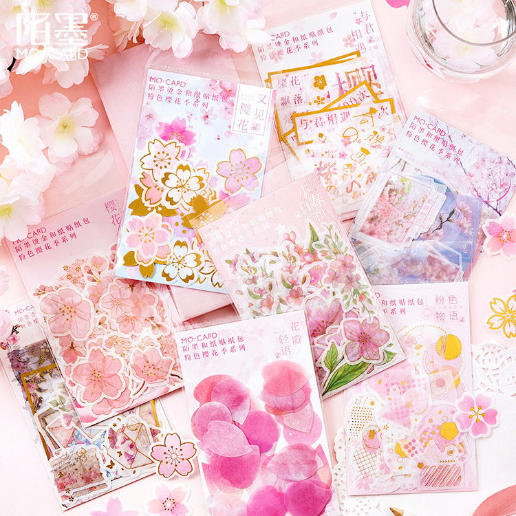 Strangink Bronzing and Paper Sticker Packs Pink Cherry Blossom Season Teenage Girl Cherry Petals Flowers and Painted Handbill Decorative material