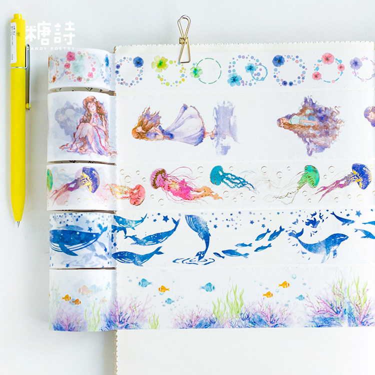 Sugar poetry and paper adhesive tape sea of women Marine whale jellyfish hand-painted figure DIY decorative handbill adhesive tape