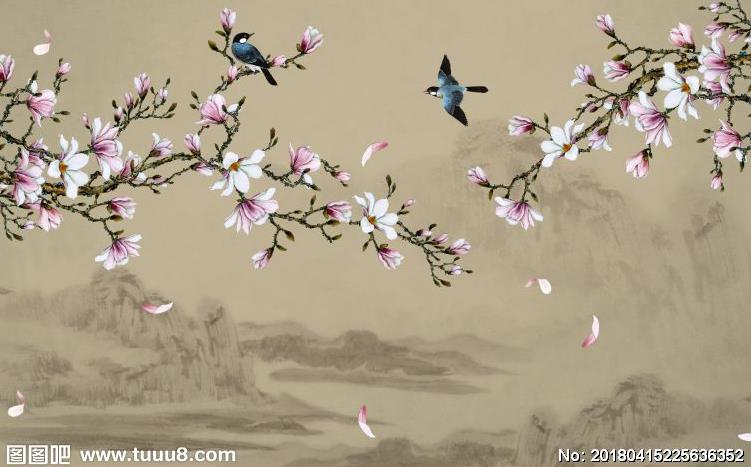 玉兰手绘工笔花鸟