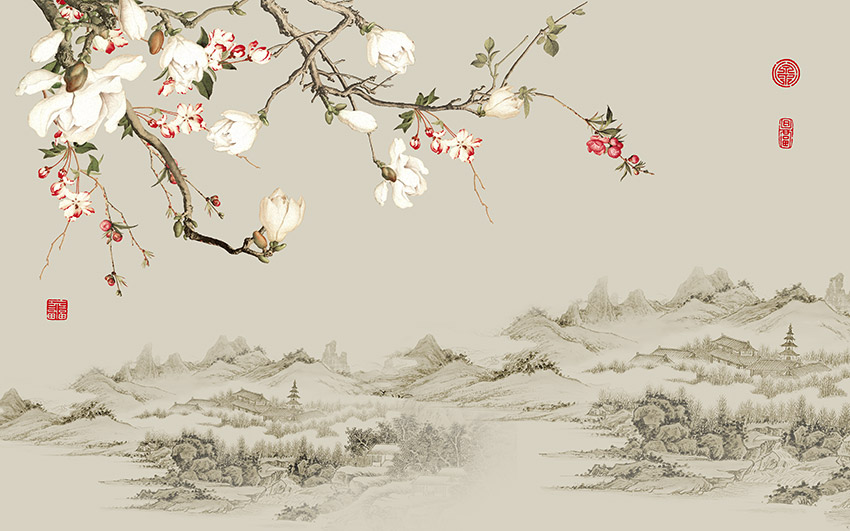 新中式山水花鸟背
