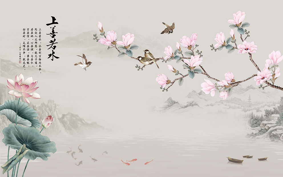 新中式背景墙花鸟