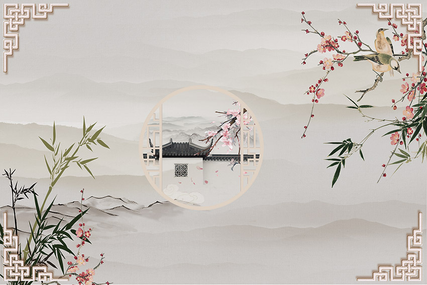 新中式格栅花鸟山