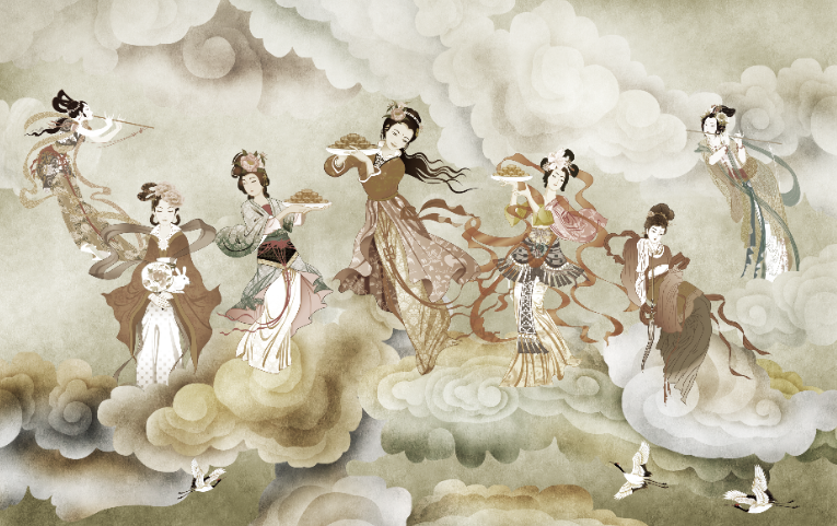 国画意境仙女送福