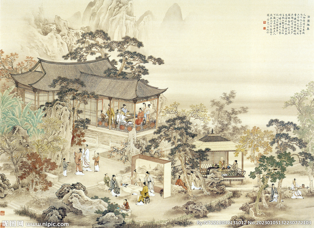 新中式古画园林庭