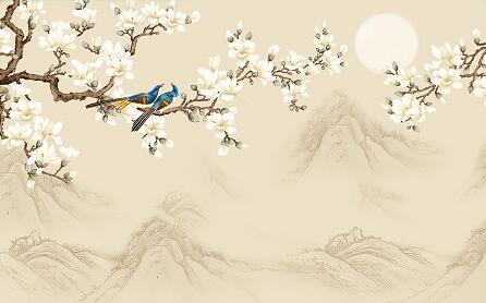 手绘玉兰花鸟背景