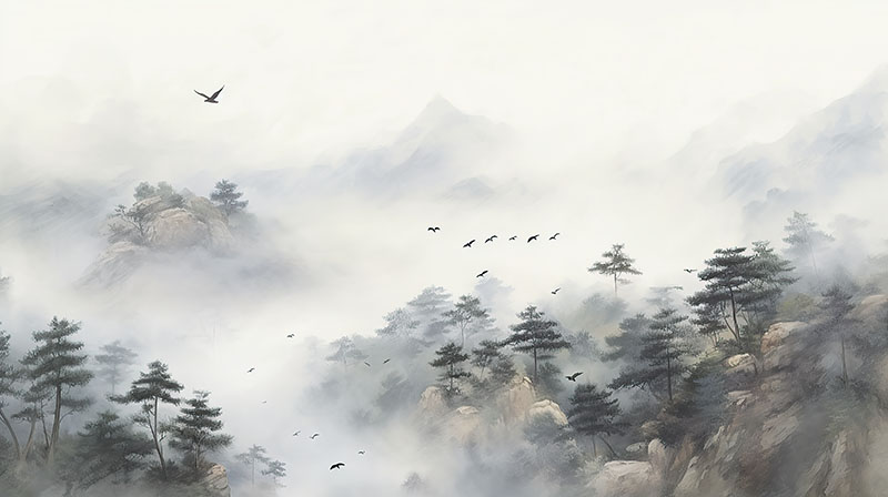 新中式山峰树林飞
