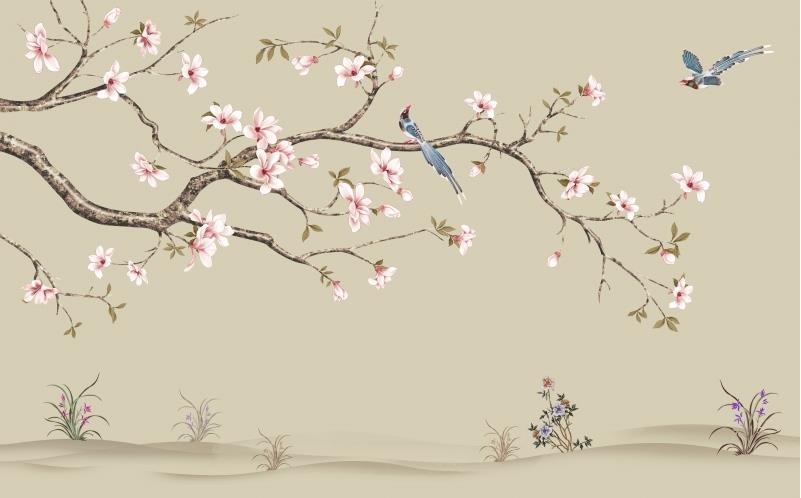 玉兰中式手绘花鸟