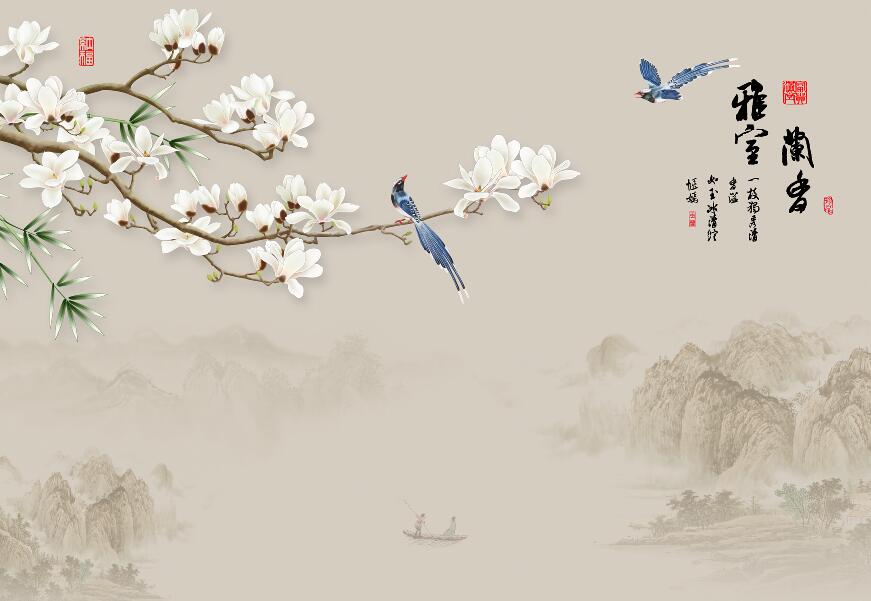 新中式手绘玉兰花