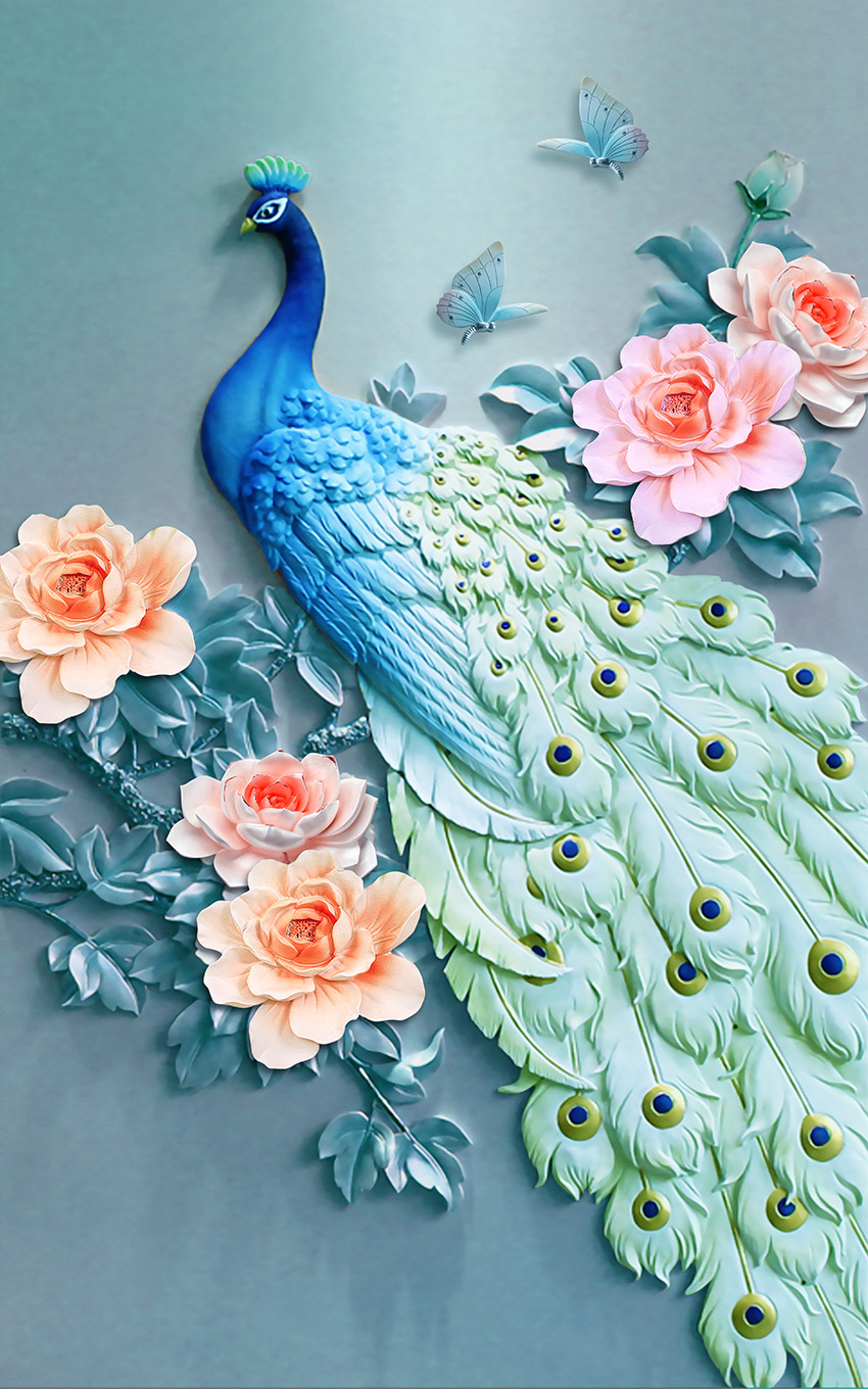 孔雀花卉浮雕立体