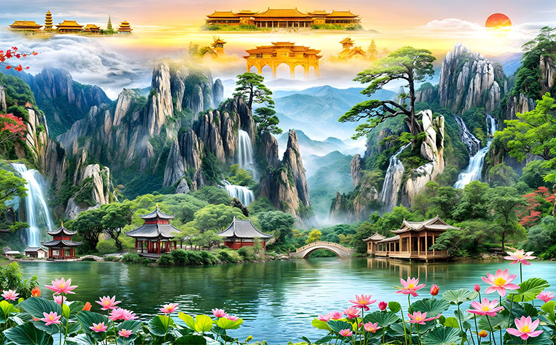 新中式背景墙流水