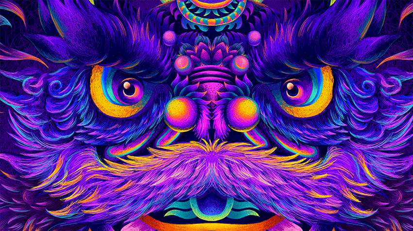 彩绘狮子背景墙装