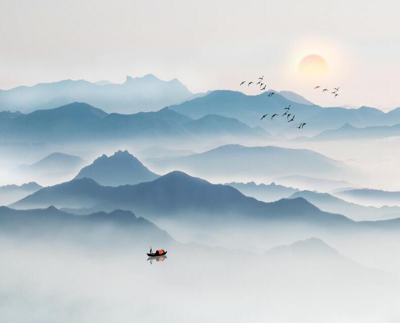 蓝色水墨山水意境
