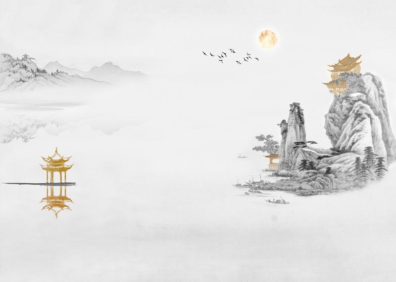 金色凉亭楼阁山水