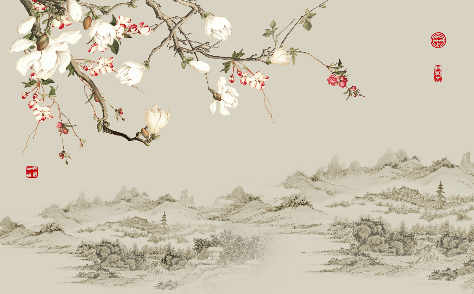 新中式玉兰花鸟背