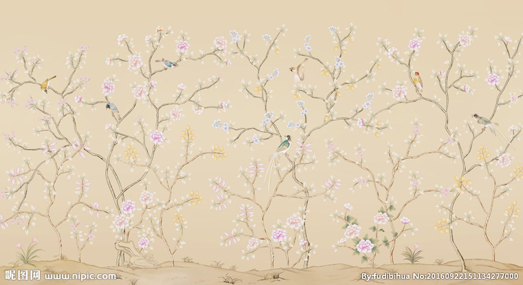 G花鸟线描背景墙