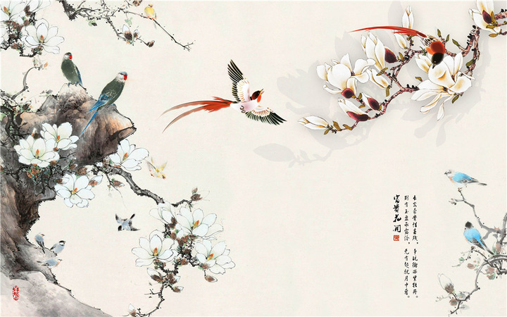 玉兰绶带花鸟图新