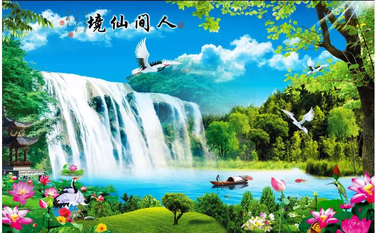 中国风山水画瀑布