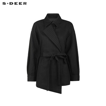 Sdeer lapel waist contrast striped woolen jacket