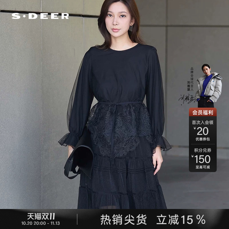 Sdeer Saint Dior Autumn Women's Clothing Lace Mesh Waist-Tightening Long-Sleeve Shirt S24380506