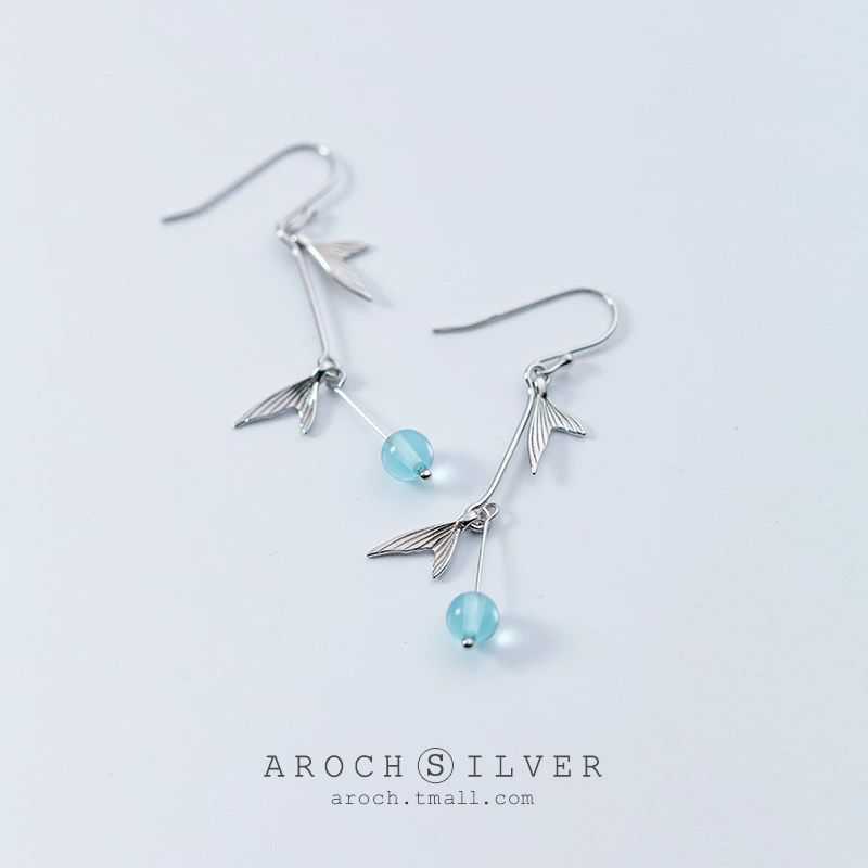 Mermaid Whale Tail Ear Needle 925 Sterling Silver Synthetic Blue Crystal Diver Personality Jewelry Ocean Necklace