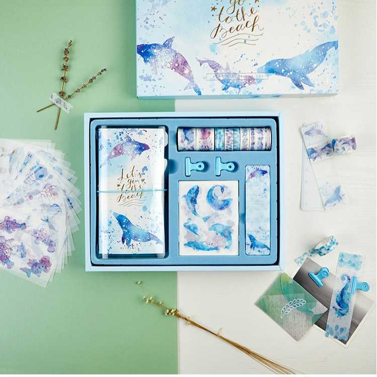 Whale hand account gift box set INS Wind Seahorse Whale creative hand account stationery Birthday gift Whale sticker