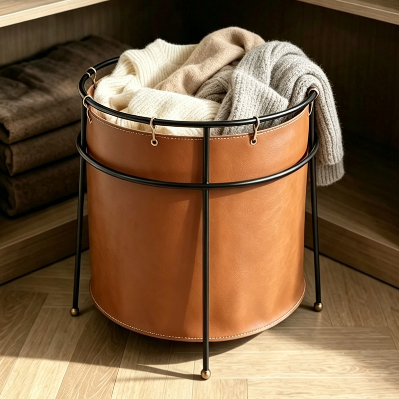Light Luxury Household Bathroom Large-Capacity Laundry Basket, Metal Leather Dirty Clothes Basket, High-Value Dressing Room Storage Basket Decoration Light Luxury Household Bathroom Large-Capacity Laundry Basket, Metal Leather Dirty Clothes Basket, High-Value Dressing Room Storage Basket Decoration