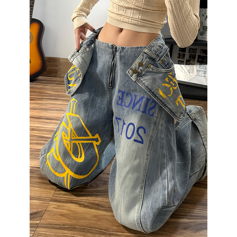 American High Street Design Color-Block Letter Print Jeans for Women, Niche Patchwork Fake Two-Piece Floor-Length Pants