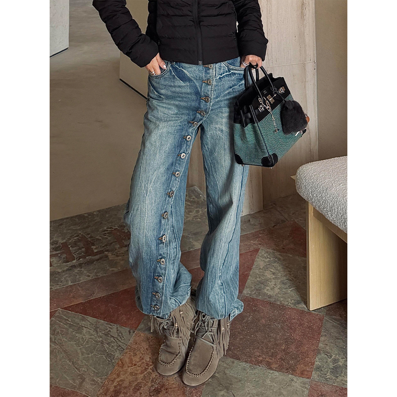 American-Style Spicy Girl Niche Design Jeans for Women, Vintage Distressed Washed Side Placket Button Casual Floor-Length Pants American-Style Spicy Girl Niche Design Jeans for Women, Vintage Distressed Washed Side Placket Button Casual Floor-Length Pants