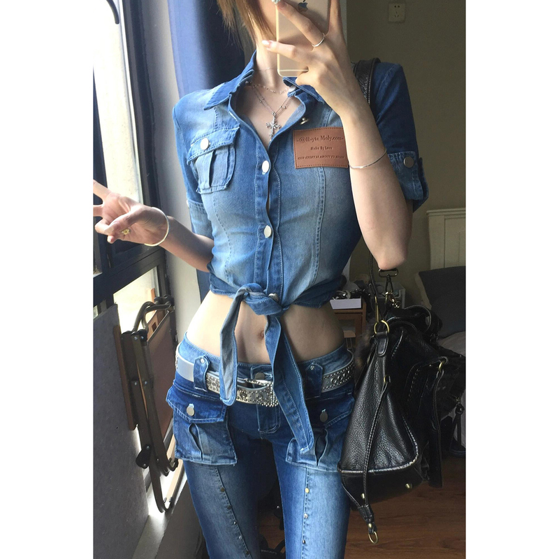 American Retro Hot Girl Design with Tie-Up Hem, Soft Thin Denim Shirt for Women, Summer Adjustable Cuff Top