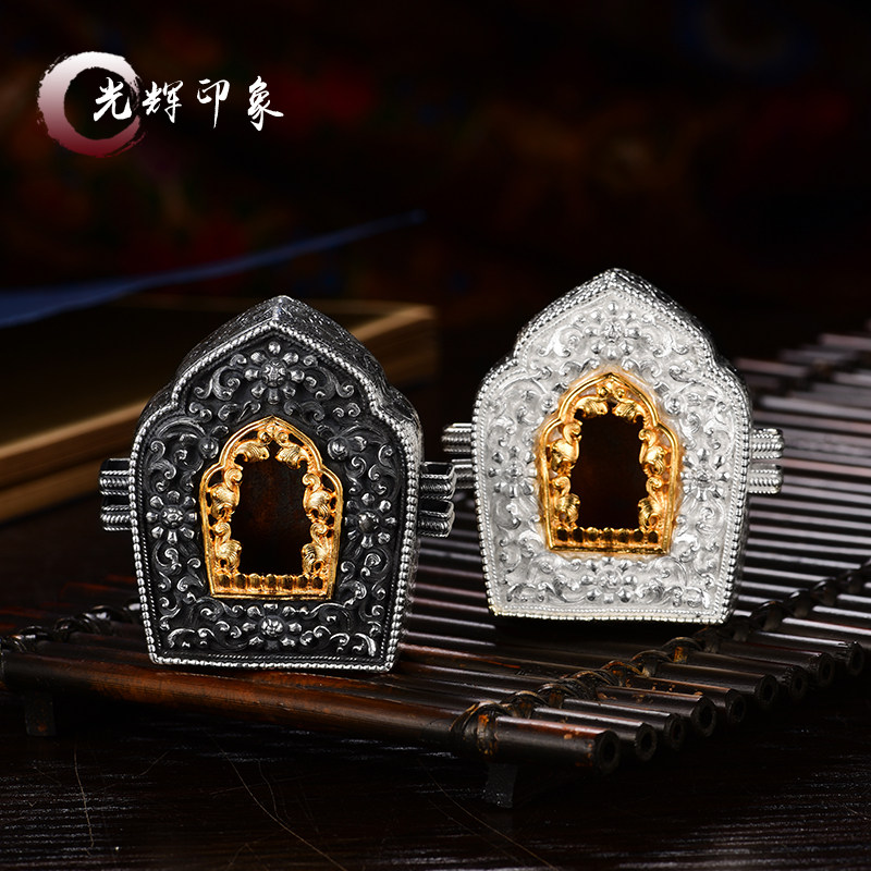 S990 sterling silver Gabu box pendant Nepal handmade carved for Buddhist statue gilt amulet