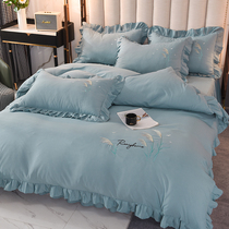 Net Red simple embroidery bed four piece cotton cotton naked sleeping quilt cover bed skirt bed cover princess style girl heart