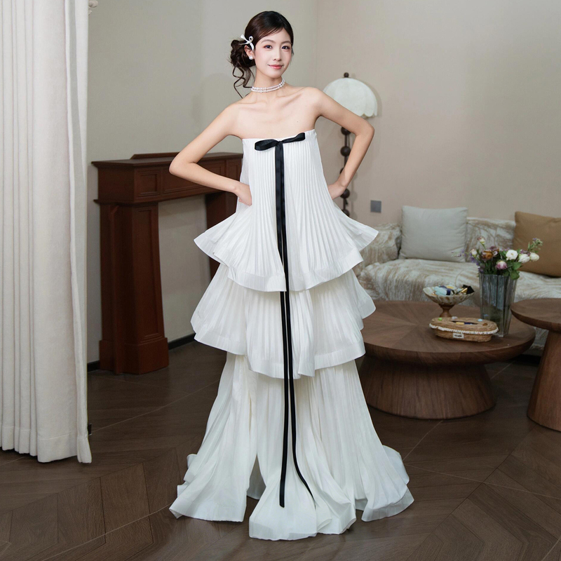 French-Style Strapless Morning Robe, Light Wedding Dress with a High-End Feel, Bridal Engagement Wedding Cake Dress, White Birthday Party Dress