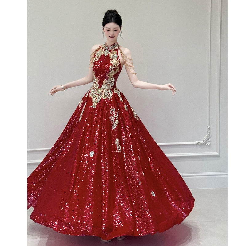 Halter Neck Evening Dress 2026 New Style Burgundy Bride Engagement Wedding Dress Toast Dress High-End Banquet Host