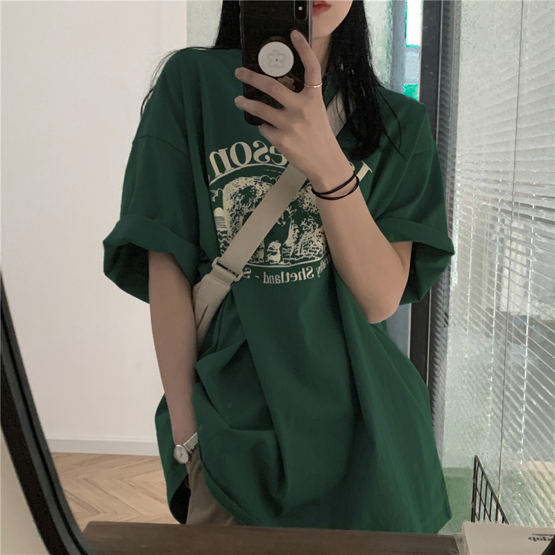 Pure Cotton Vintage Dark Green T-Shirt for Women, Plus Size, Regular Shoulder Top, Petite, Covers the Body, Summer Short Sleeve ins Korean Style
