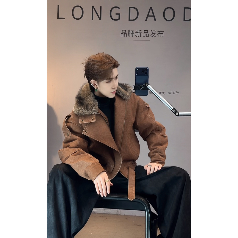 Longtao's New Winter Trendy American Retro Workwear Detachable down Jacket Versatile Fur Collar Denim Jacket