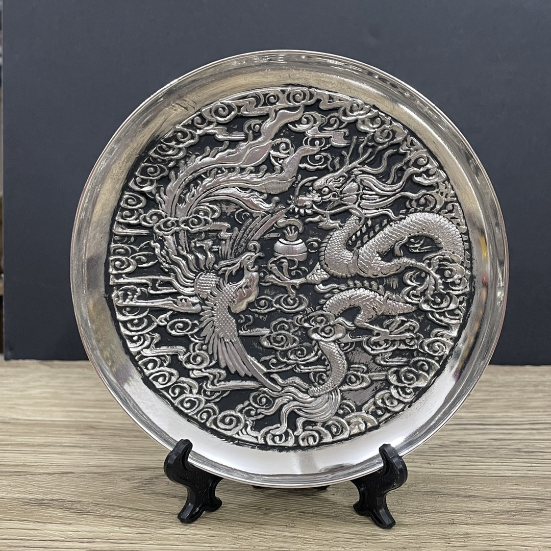 回流大清乾隆御赐龙凤呈祥铜盘子碟子九子真龙老银盘家居装饰摆盘