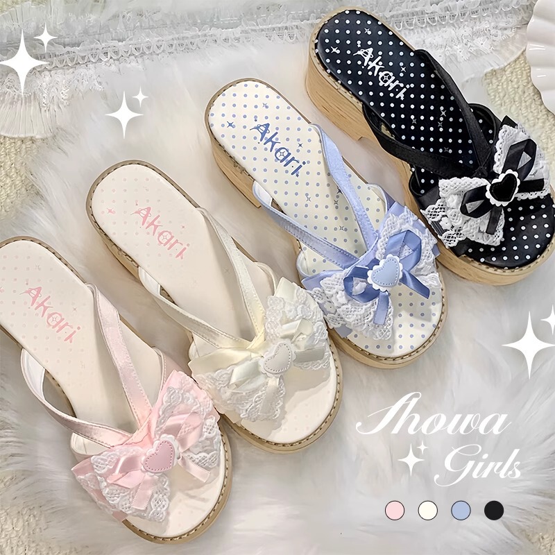 In-Stock Showa-Style Hoshino Akari Japanese-Style Bowknot Wood-Grain Thick-Soled Japanese-Style Chunky Heel Clogs Cosplay Slippers