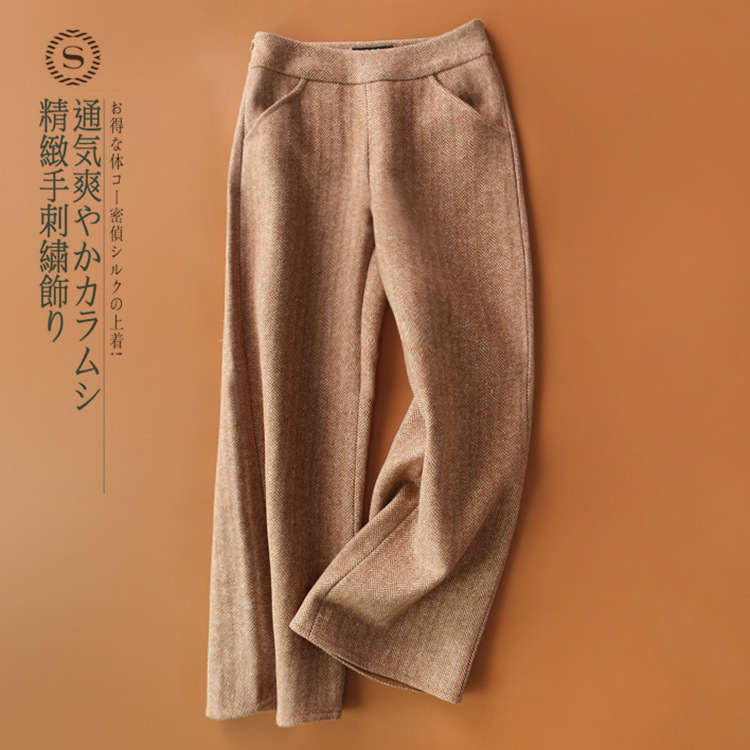 Autumn and Winter Retro Style Herringbone Woolen Pants for Women, Thickened High-Waisted Slimming Straight-Leg Casual Cropped Wide-Leg Pants