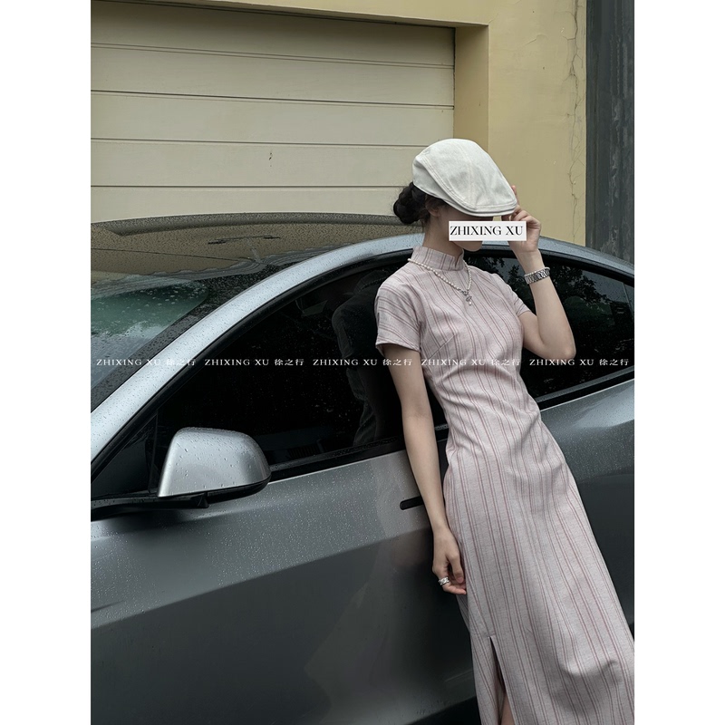 Xu Zhi Xing｜【Restock at 8Pm on July 27Th!】Summer Light Pink Striped Short-Sleeved Improved Cheongsam Dress