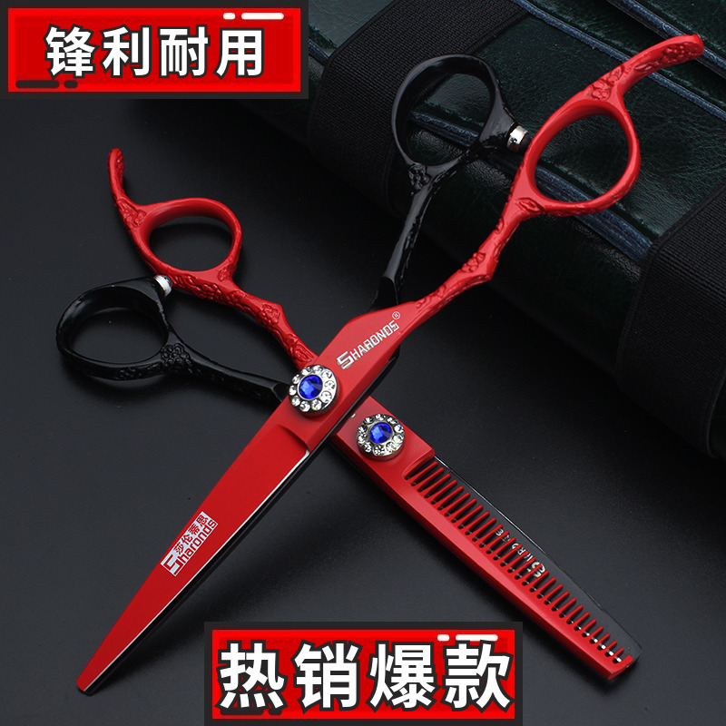 hair salon hair stylist with left hand scissors 6 inch flat cut with thin tooth cut willow leaf fat and fat cut left skim haircut scissors