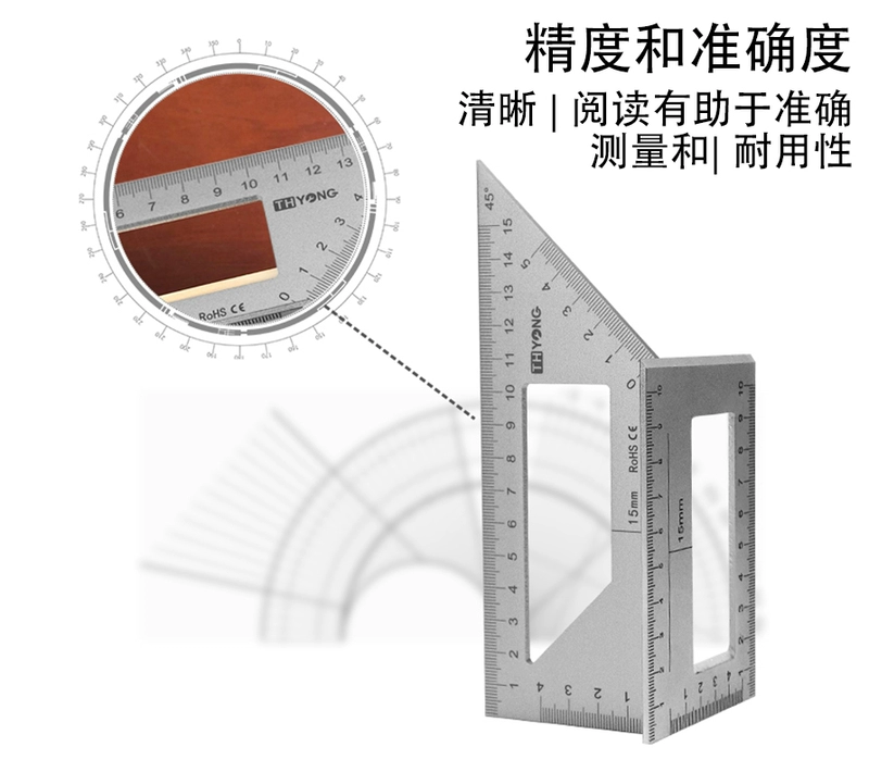 Hợp kim nhôm thép không gỉ kết hợp đa chức năng Thước mộc loại T 45 + 90 độ Thước góc vuông Đánh dấu 45 độ bằng thước