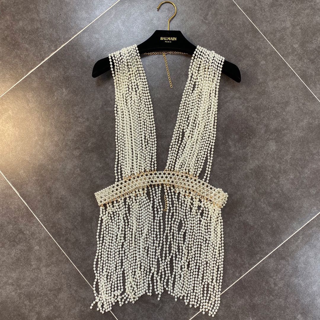Designer grapefruit MM2020 spring and summer new pearl decorative tassel heavy industry national wind vest vest women