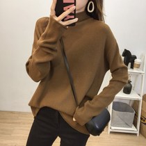 Autumn and winter oatmeal color imitation cashmere loose curl half high neck knitwear womens large size long sleeve with a base sweater New