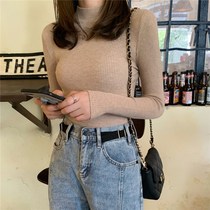 Semi-high neck knitwear women autumn and winter Korean retro slim slim long sleeve base shirt elastic simple solid color top