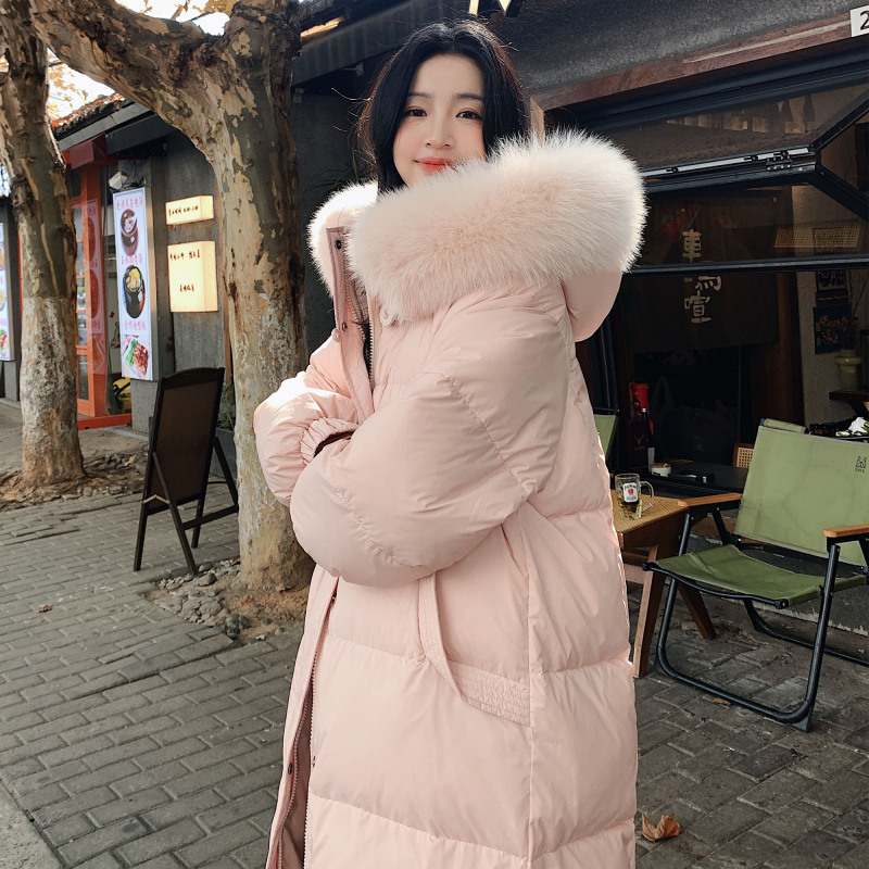 Pink Large Fur Collar down Jacket for Women, Mid-Length, Winter, Unique and Beautiful, Over-The-Knee Length, 90% White Duck down
